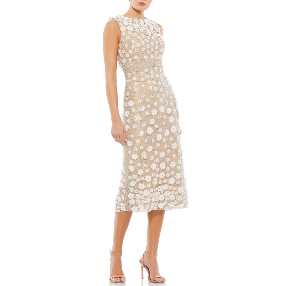 Mac Duggal Ivory & Nude Floral Appliqué Sleeveless MIDI Dress - Size 12 NWT